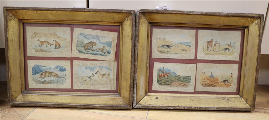 Victorian School, eight watercolours on card, Sporting scenes and studies of bid cats, wolves and foxes, each overall 8 x 11.5cm, in tw